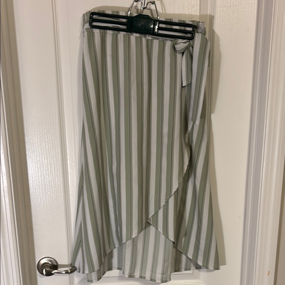 LOFT Green and White Asymmetrical Wrap Midi Skirt